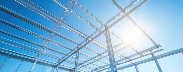 A modern architectural framework is illuminated by sunlight against a clear blue sky, showcasing the structure's design and perspective.