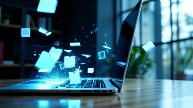 Futuristic laptop display with animated file folders spinning in 3D digital art style