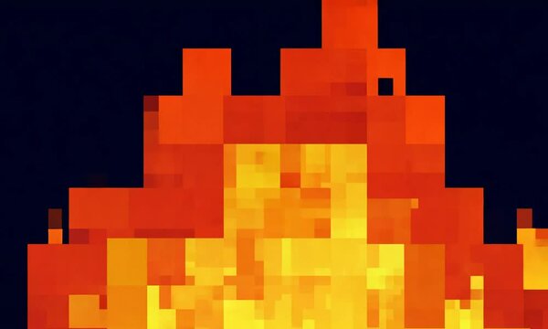 A pixelated flame illustration with vibrant red, orange, and yellow blocks on a dark background symbolizing fire.
