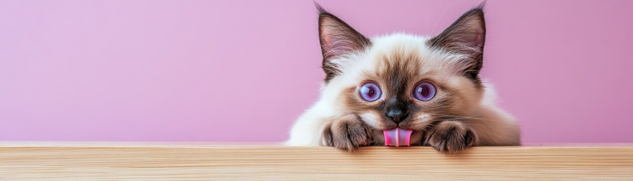 A playful kitten peeking over a wooden surface with a pink background.