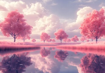 Pink trees reflect in a tranquil pink lake under a pastel sky