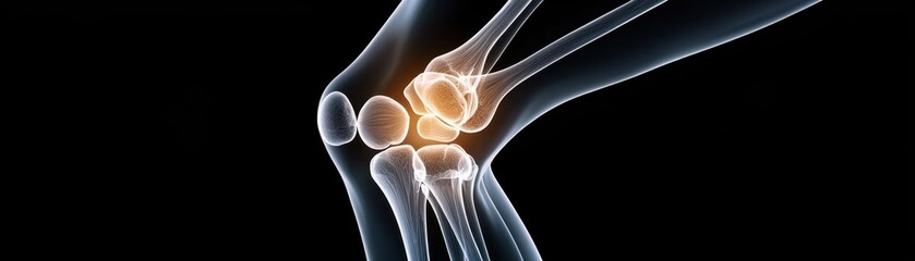 Knee anatomy posture concept. Transparent anatomical illustration of a knee joint highlighting its structure and movement.