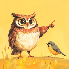 Fototapeta premium Owl pointing to a sparrow in a funny wildlife scene