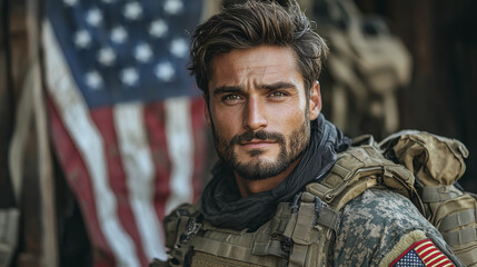 Obraz premium American serviceman in military gear with American flag backdrop, showcasing strength and determination