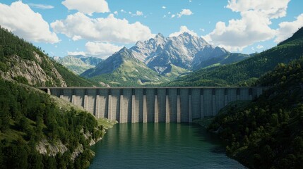 A scenic view of a dam surrounded by mountains and lush greenery under a blue sky with fluffy clouds.