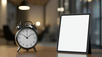 Naklejka premium Modern Desk Setup with Clock and Blank Tablet Display