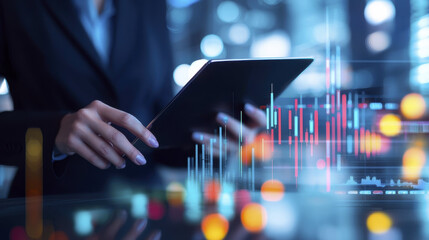 professional woman using tablet in modern office environment, analyzing data with digital graphs and charts in background, showcasing technology and finance