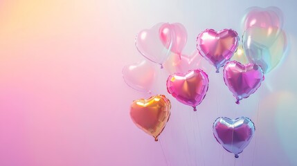 heart sharp balloons flying in the air, levitation,rainbow palete,white lighting pastel background, with copy space
