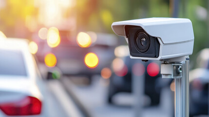Automated license plate recognition camera monitoring traffic flow in urban area. This advanced technology enhances security and efficiency on roads