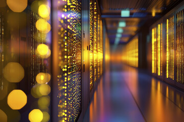 vibrant data center corridor illuminated by glowing lights, showcasing rows of servers and technology. atmosphere is dynamic and futuristic, emphasizing innovation and connectivity