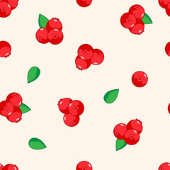 Romantic seamless pattern with red ripe cranberries. A repeating background with berries. Vector printing.