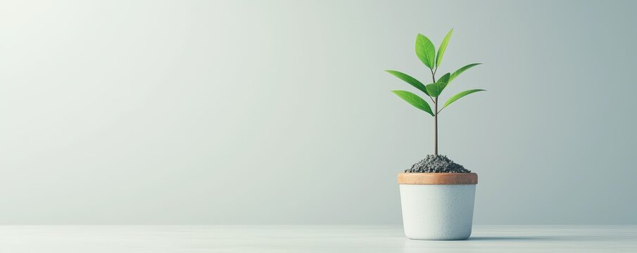 A small green plant grows in a white pot, symbolizing growth and freshness against a minimalist background.