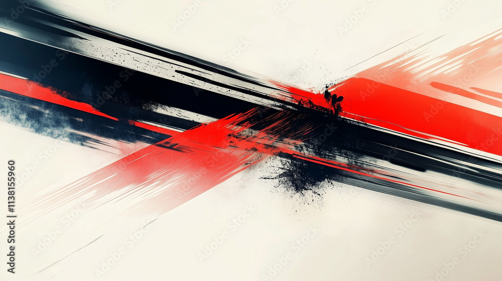 Poster dynamic digital ink painting with red and black brush strokes, motion blur, and speed lines against 