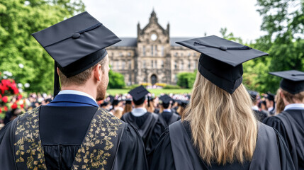 Graduation Ceremony Held at a Historic University With Graduates Celebrating in Academic Attire Surrounded by Peers and Faculty on a Sunny Day