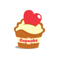 Cupcake with a heart. The flat style is isolated on a white background. The concept of love. Retro. Perfect for a poster, postcard, invitation or greeting card. 