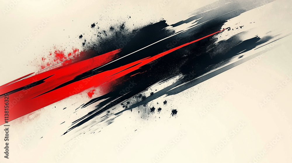 Poster Dynamic Digital Ink Painting with Red and Black Brush Strokes, Motion Blur, and Speed Lines Against a Light Gray Background. Minimalist Japanese Calligraphy Inspired Design.