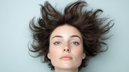 Model With Voluminous Hair Lying on a Light Background Showcasing Natural Beauty and Striking Features During a Beauty Photoshoot for a Contemporary Fashion Editorial