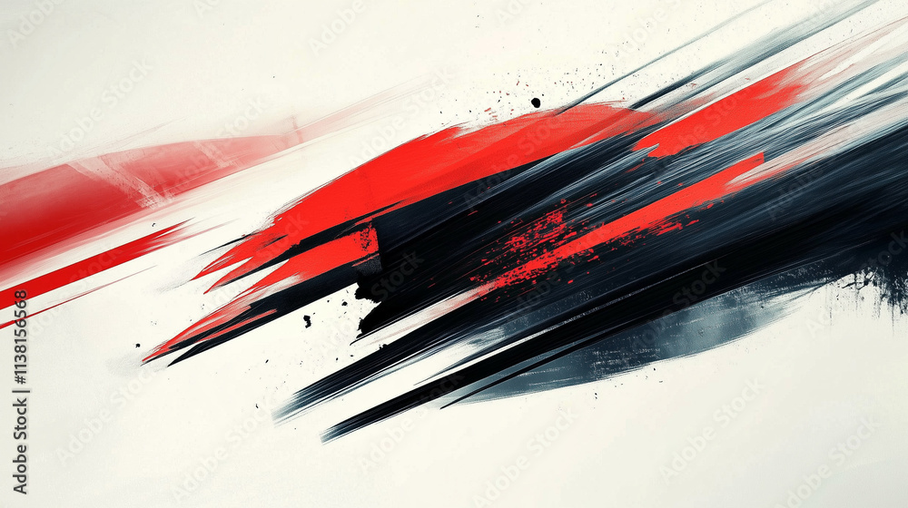 Poster Dynamic Digital Ink Painting with Red and Black Brush Strokes, Motion Blur, and Speed Lines Against a Light Gray Background. Minimalist Japanese Calligraphy Inspired Design.