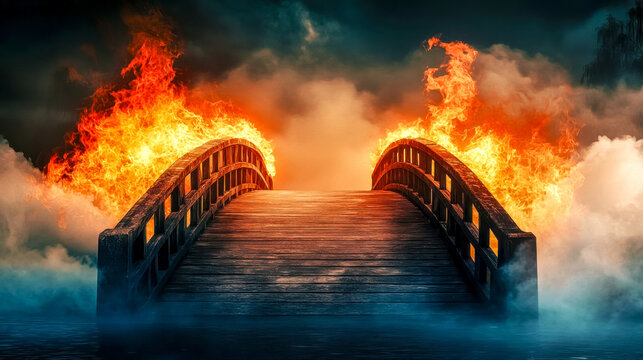 Wooden bridge burning in a surreal landscape with dramatic sky and clouds