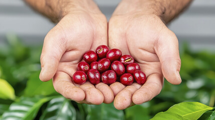 Freshly harvested coffee cherries held in hands, showcasing their vibrant red color against lush green leaves. This captures essence of coffee cultivation and joy of harvest