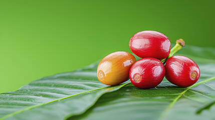 Freshly harvested coffee cherries on green leaf, showcasing vibrant colors and natural beauty. rich hues of red and yellow highlight freshness and quality of coffee