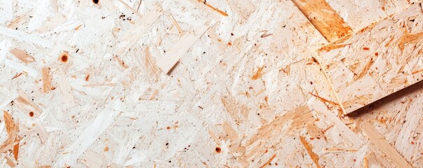 Obraz premium A textured surface of oriented strand board (OSB) featuring a mix of light and dark strands, showcasing its engineered wood composition.