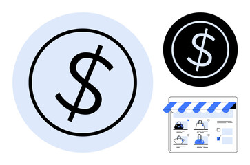 Dollar sign in black circle with white background and shopping storefront with products and credit card. Ideal for finance, e-commerce, shopping, business, marketing, economy, online payments. Line