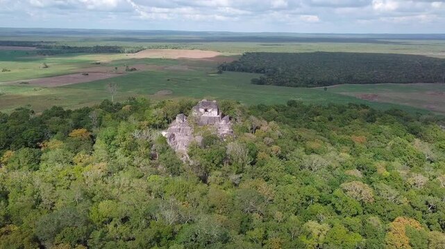Aerial view of a Mayan pyramid in the Yucatan Peninsula of Mexico.