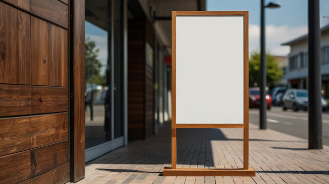 blank white mock-up of wooden sign the shape of the letter “A” stands on the sidewalk outside store,ready to display advertisements or promotional messages.Blank mockup of a promotional pole sign