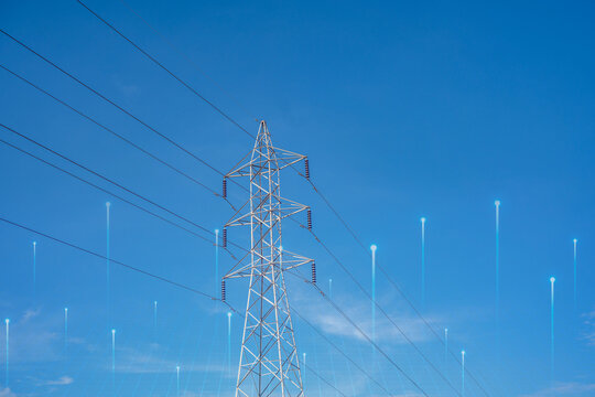 High voltage power pole sky background.