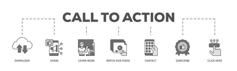 Call to action infographic icon flow process which consists of  click here, watch our video, subscribe, contact, learn more, share, download icon live stroke and easy to edit .