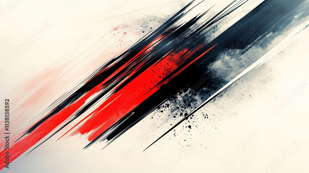 Poster dynamic digital ink painting with red and black brush strokes, motion blur, and speed lines against 