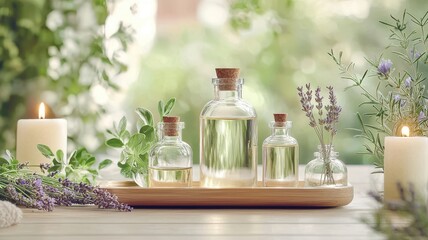 Spa retreat oils concept. Bottles of essential oils surrounded by herbs and candles on a wooden tray.