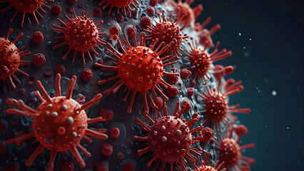 a microscopic, highly detailed scene of the HIV virus in human blood.