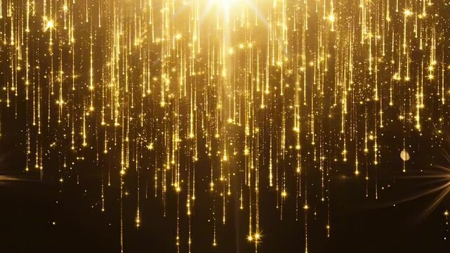 A stunning cascade of golden light streaks falls against a dark background. Celebrations, luxury, and award ceremonies