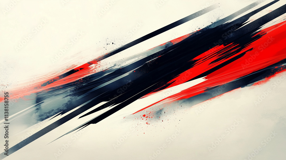 Poster dynamic digital ink painting with red and black brush strokes, motion blur, and speed lines against 