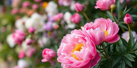 Obraz premium Soft pink peony flowers in full bloom creating a beautiful background, pink, peony