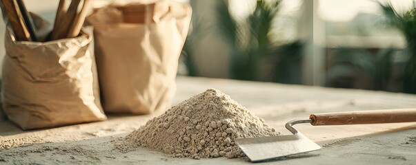 A close-up of a mound of flour with a metal spatula, accompanied by bags of flour in the background, set in a well-lit environment.
