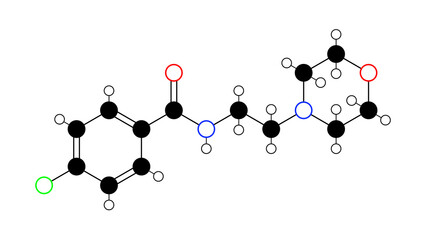 moclobemide molecule, structural chemical formula, ball-and-stick model, isolated image antidepressant