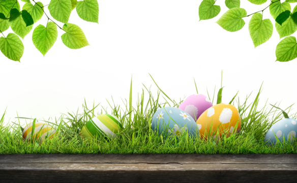 A template of six painted easter eggs celebrating a Happy Easter with a wooden bench & green meadow grass to place products in front of with a transparent background