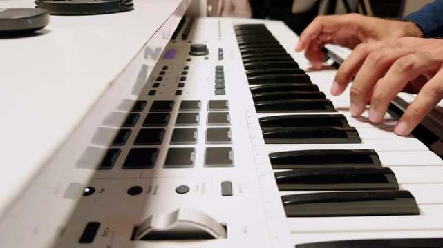 Close up of hands playing a digital piano