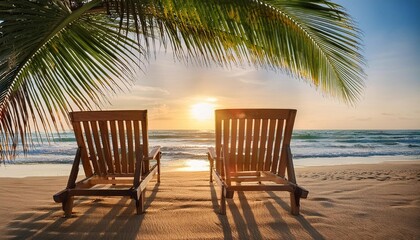 Relaxing Afternoon at a Tropical Beach With Palm Trees and Sunset Over Calm Ocean Waves