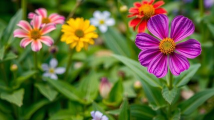 Fototapeta premium Vibrant purple flower petals and leaves in a lush garden setting, outdoors, garden, blooming