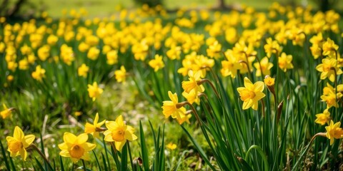 Obraz premium Vibrant yellow daffodil flowers blooming in a lush field under the bright sun, sunny, fresh, field