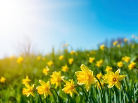 Vibrant yellow daffodil flowers bloom in a lush green field under a clear blue sky, daffodil, yellow