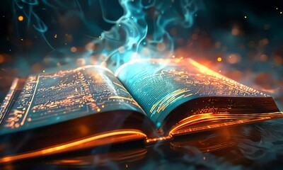 Open magical book with glowing blue light and mystical smoke