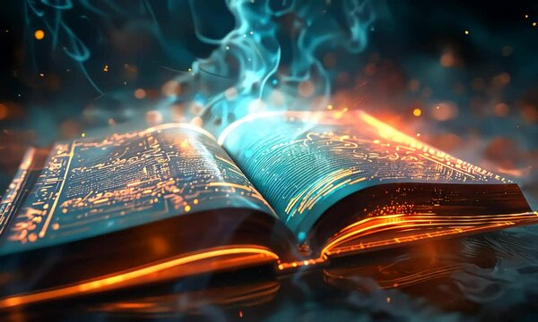Open magical book with glowing blue light and mystical smoke
