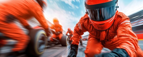 A dynamic pit stop scene in racing, showcasing team members in orange uniforms working swiftly around a car.
