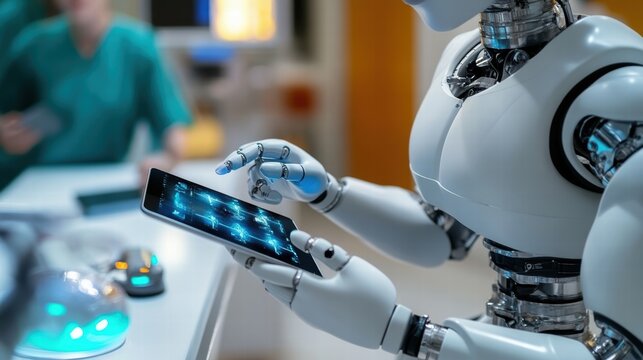 Medical robot analyzing data on digital tablet in hospital
