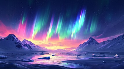 Naklejka premium Stunning Aurora Borealis Over Majestic Snowy Mountains at Dusk